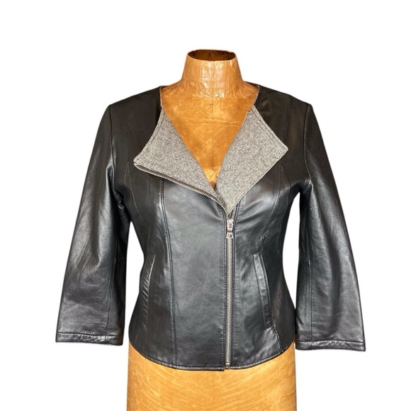Esprit Reversible Black Lamb Leather & Grey Wool Blend Jacket | Some Flaws - Picture 1 of 16